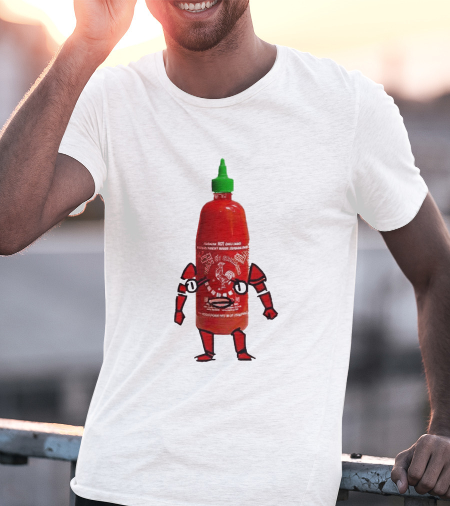 Sriracha Sauce Animated Bottle Character With Green Cap T-Shirt