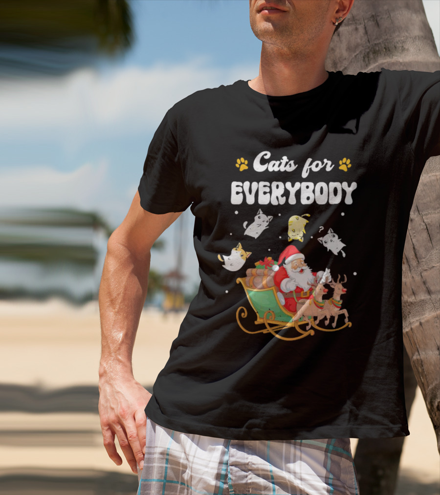 Santa With Flying Cats And Reindeer Sleigh For Everybody Christmas T-Shirt