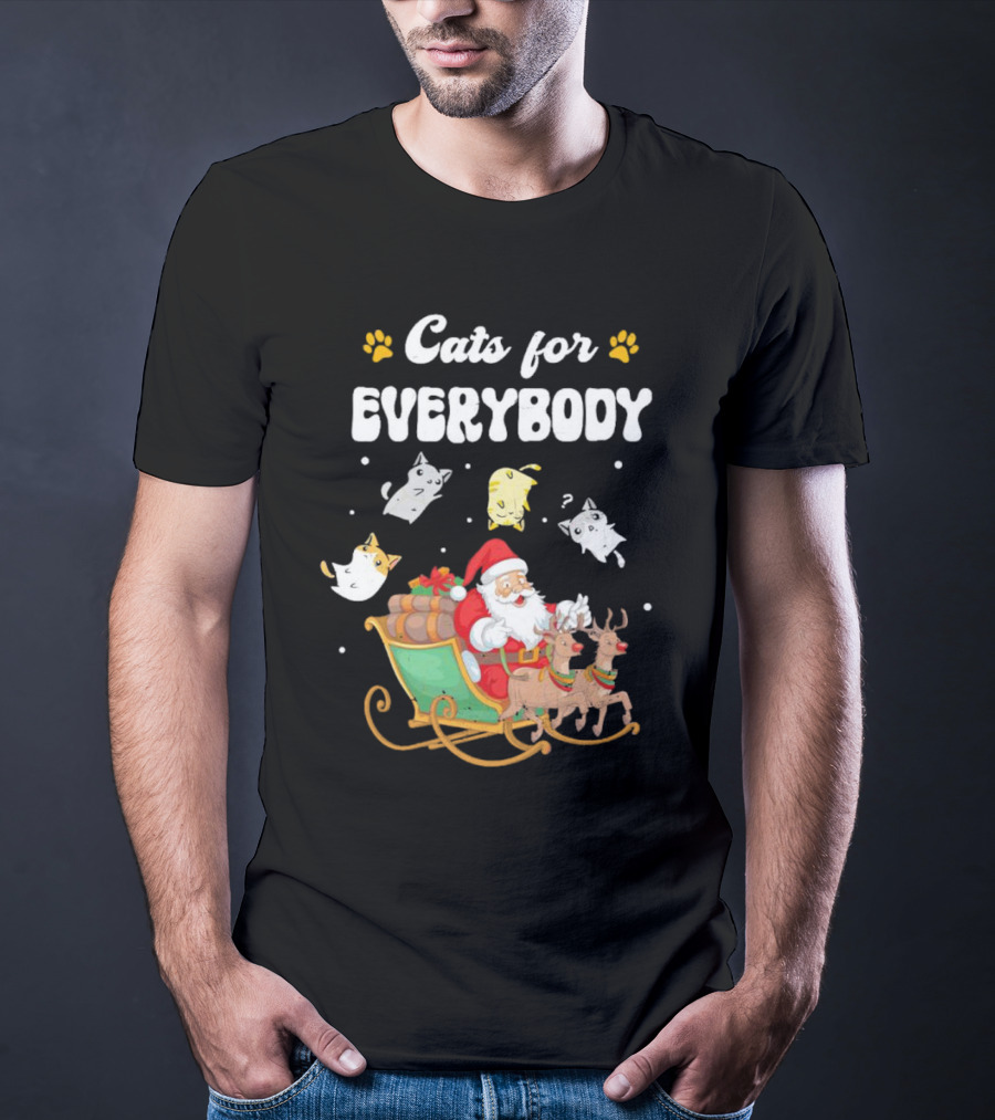 Santa With Flying Cats And Reindeer Sleigh For Everybody Christmas T-Shirt