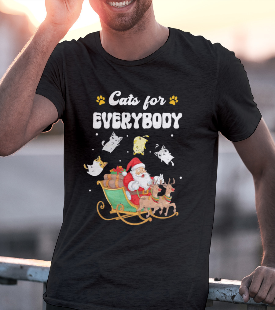 Santa With Flying Cats And Reindeer Sleigh For Everybody Christmas T-Shirt
