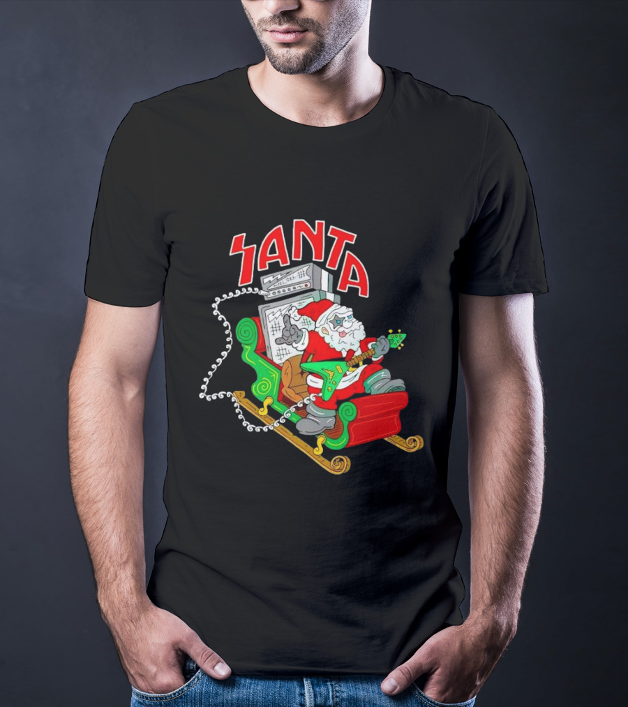 Santa Rocks Sleigh With Guitar And Amps Christmas T-Shirt