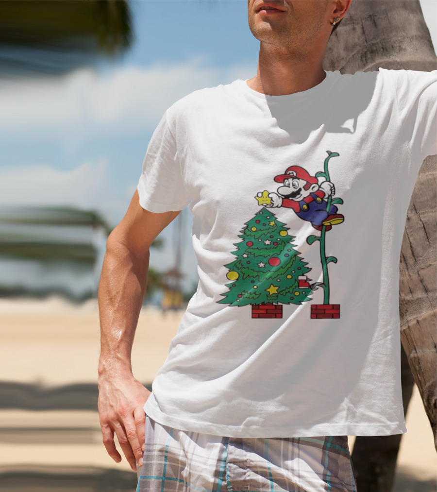Super Mario Decorating Christmas Tree With Power-Up Star And Brick Blocks T-Shirt