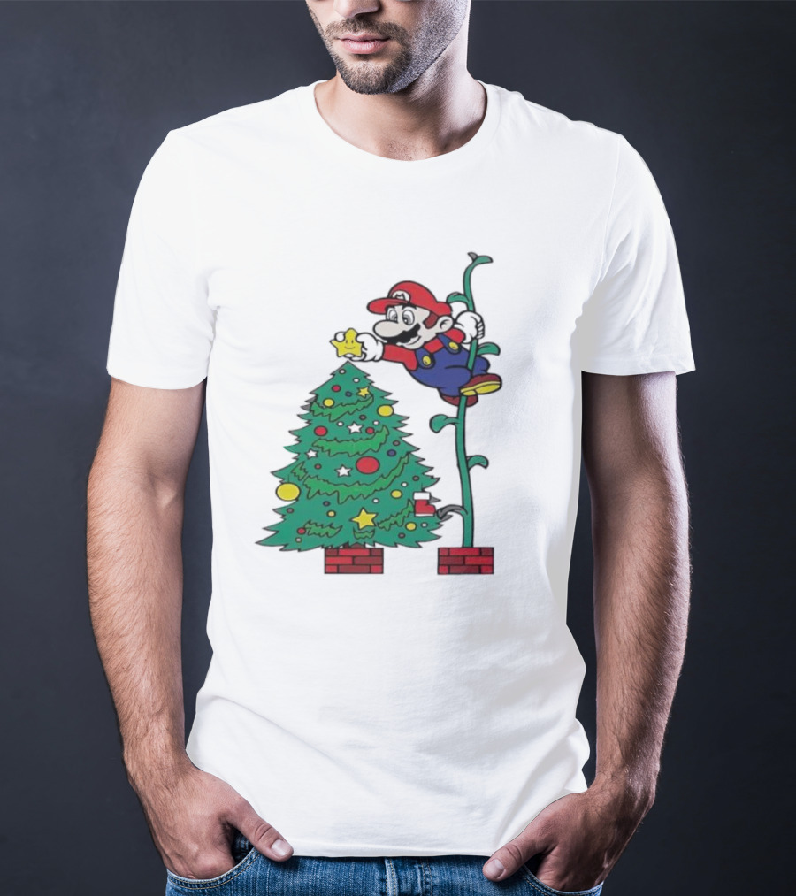 Super Mario Decorating Christmas Tree With Power-Up Star And Brick Blocks T-Shirt