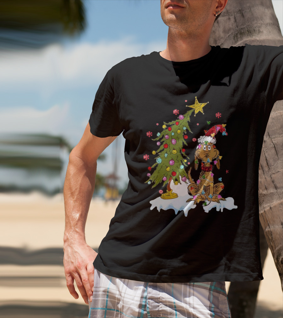 Christmas Max Dog Wrapped In Lights With Grinch Tree Scene T-Shirt