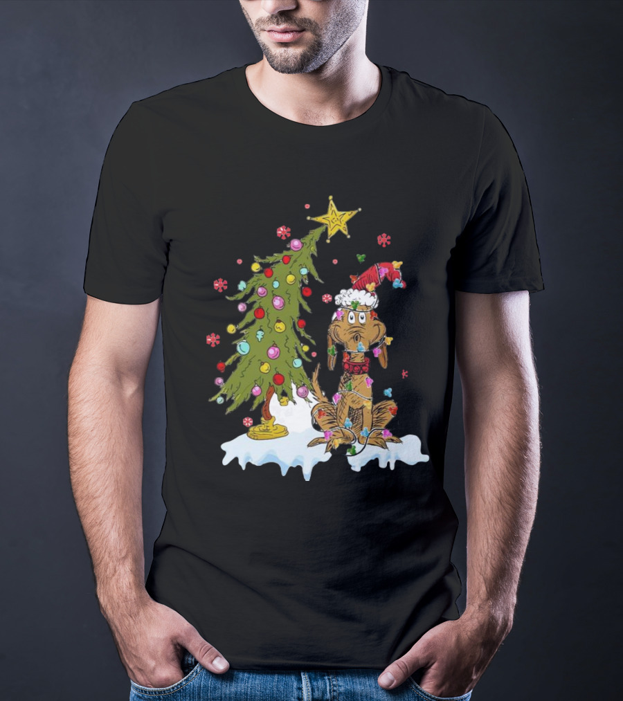 Christmas Max Dog Wrapped In Lights With Grinch Tree Scene T-Shirt