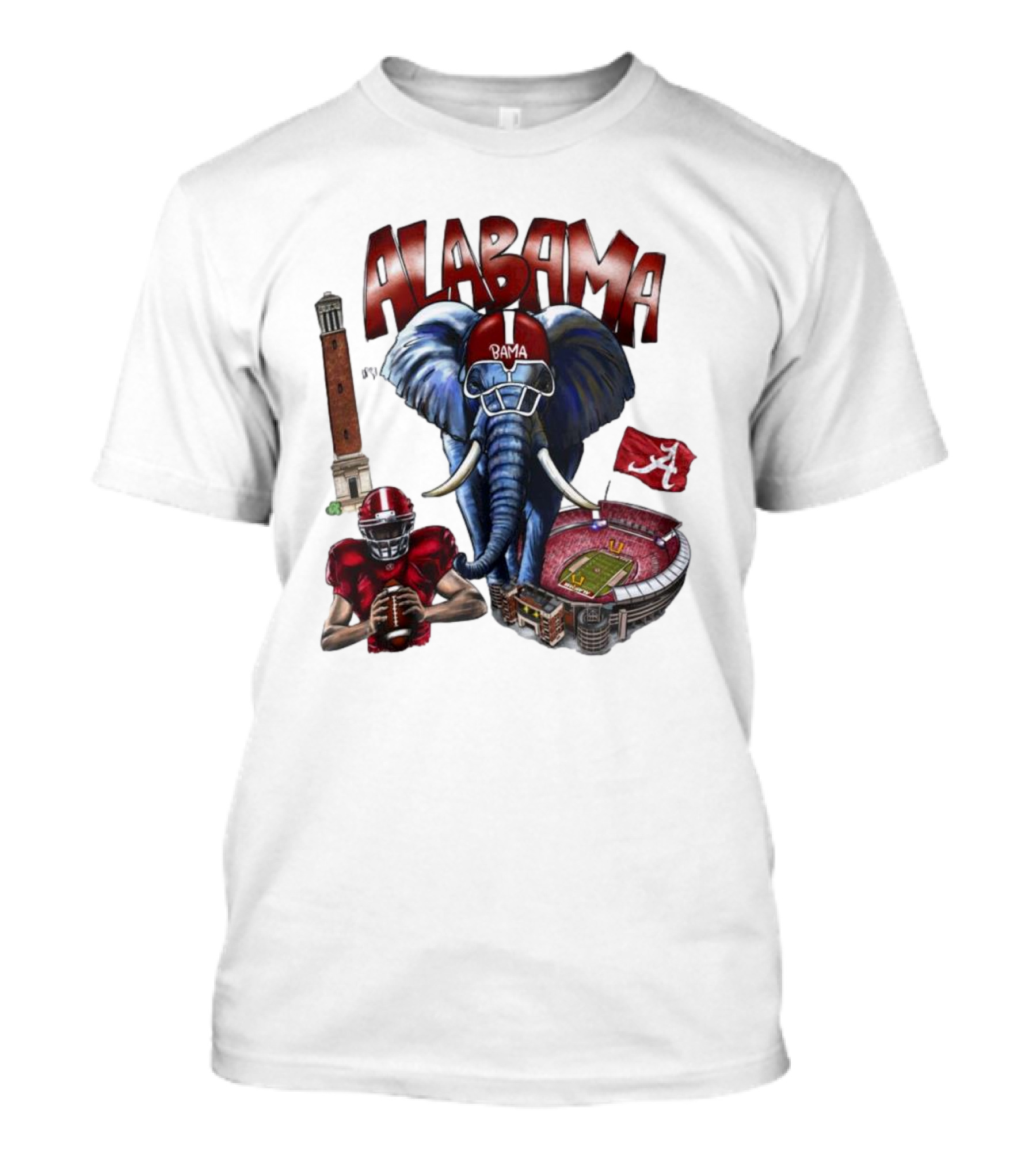 Alabama Crimson Tide Football Elephant Stadium Football Player Old Main Tower Bama T-Shirt