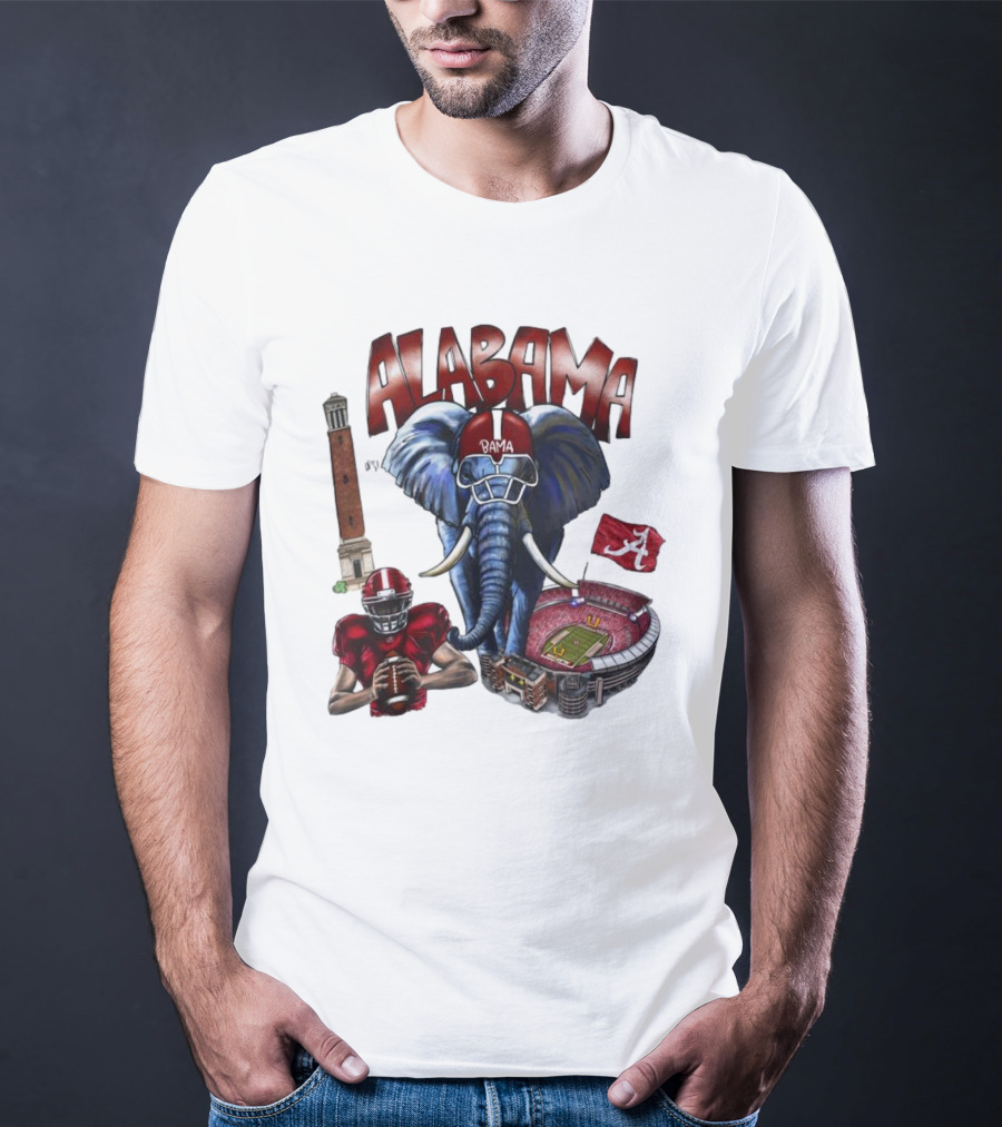 Alabama Crimson Tide Football Elephant Stadium Football Player Old Main Tower Bama T-Shirt