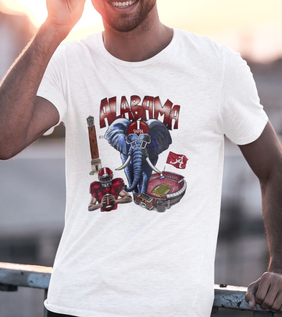 Alabama Crimson Tide Football Elephant Stadium Football Player Old Main Tower Bama T-Shirt