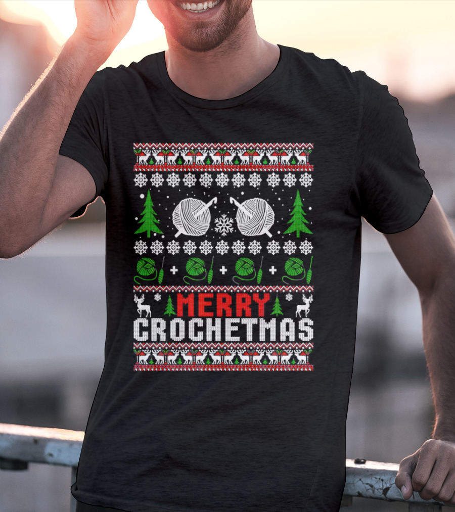 Merry Crochetmas Christmas Yarn Balls Snowflakes Trees Reindeer T-Shirt