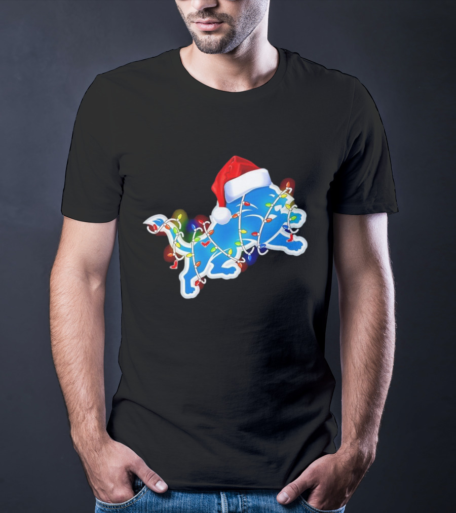 Detroit Lions Christmas Lights Santa Hat Holiday Football T-Shirt