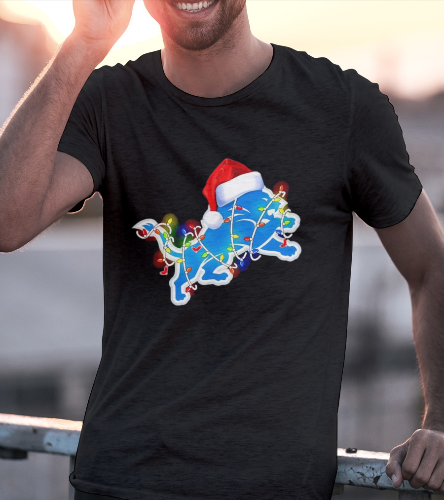Detroit Lions Christmas Lights Santa Hat Holiday Football T-Shirt