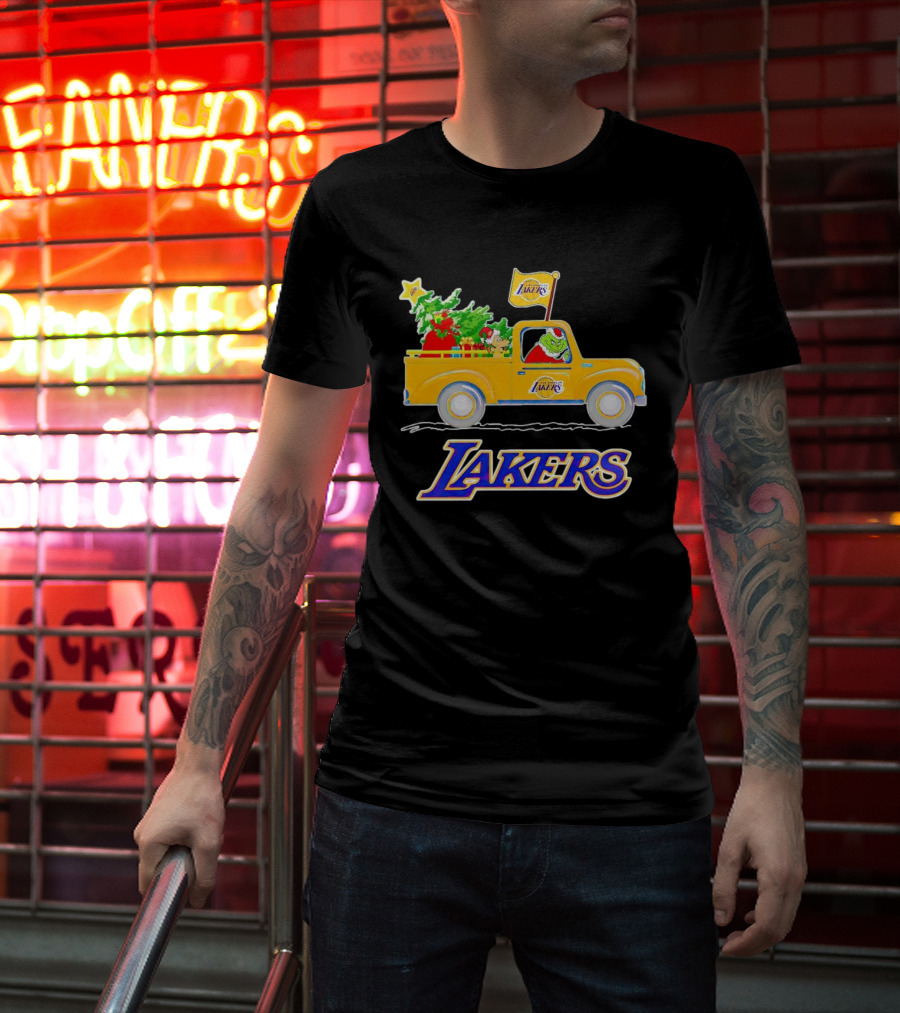 Grinch Driving Los Angeles Lakers Truck With Christmas Tree T-Shirt