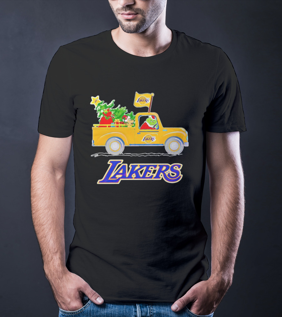 Grinch Driving Los Angeles Lakers Truck With Christmas Tree T-Shirt
