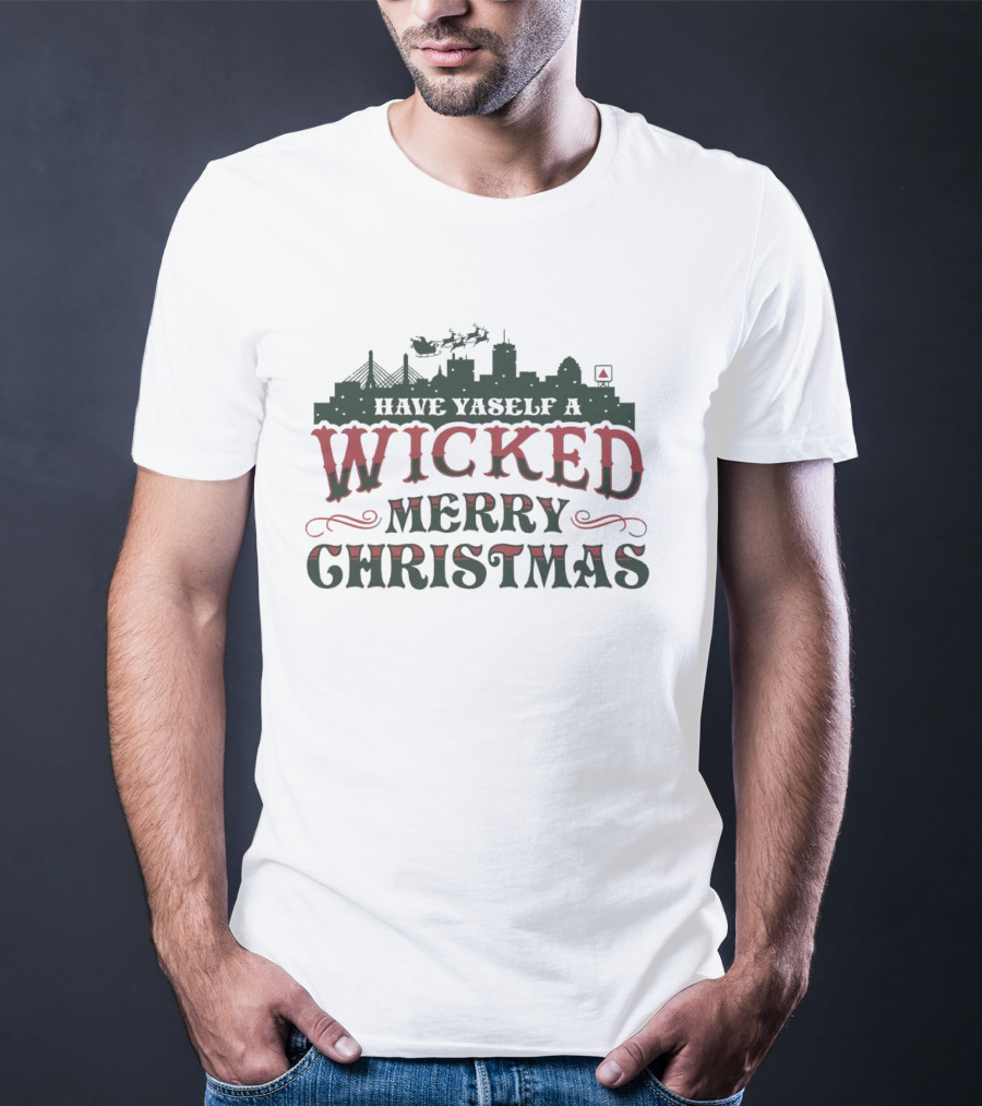 Have Yaself A Wicked Merry Christmas Boston Skyline Santa Sleigh T-Shirt