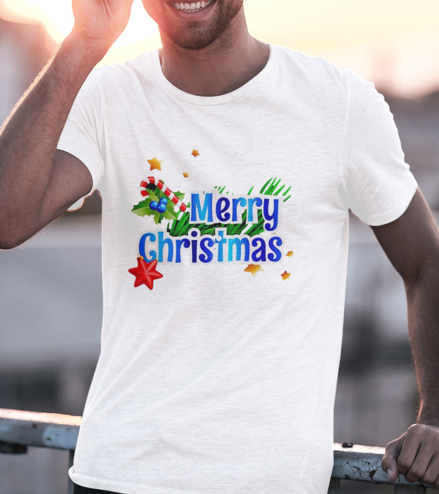 Merry Christmas Candy Cane Holly Pine Red Star T-Shirt