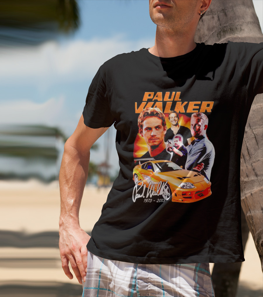 Paul Walker 1973-2013 Collage Signature Orange Car T-Shirt