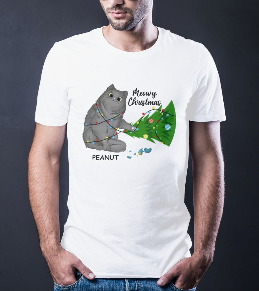 Meowy Christmas Cat Wrapped In Lights With Custom Name Peanut T-Shirt