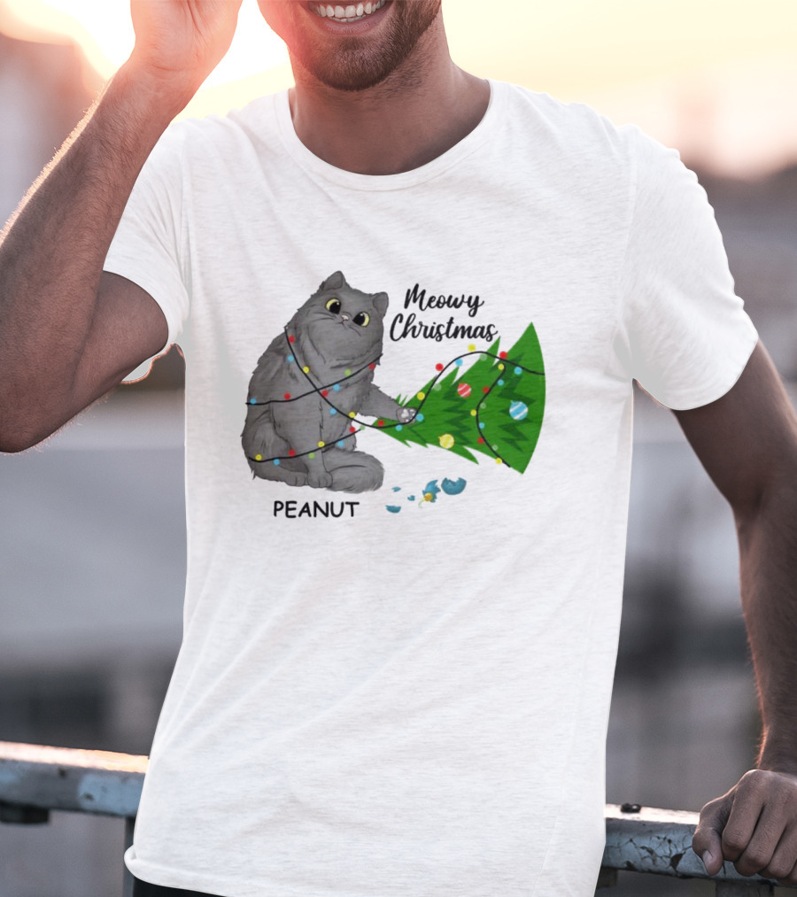 Meowy Christmas Cat Wrapped In Lights With Custom Name Peanut T-Shirt