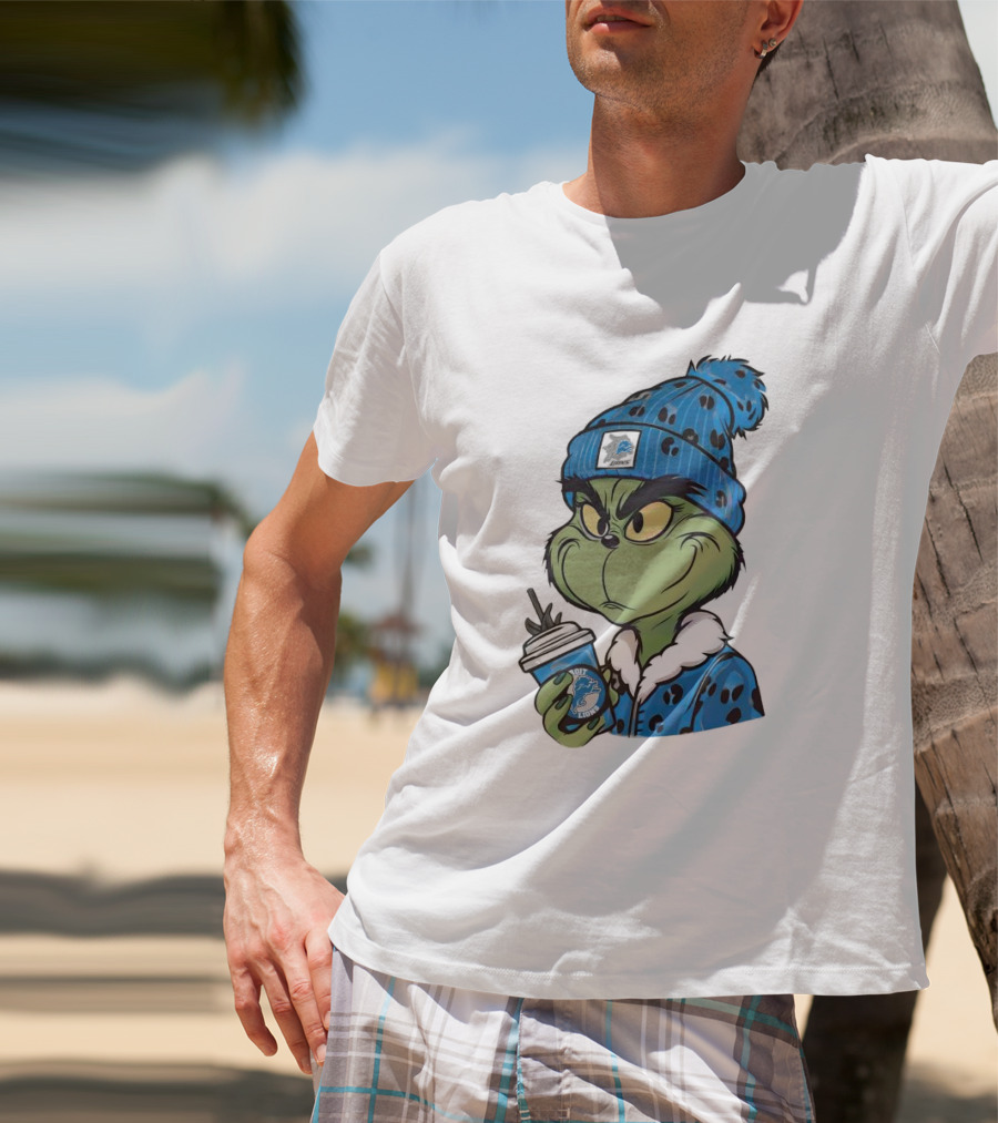 Grinch Wearing Detroit Lions Winter Outfit Holding Drink Christmas T-Shirt