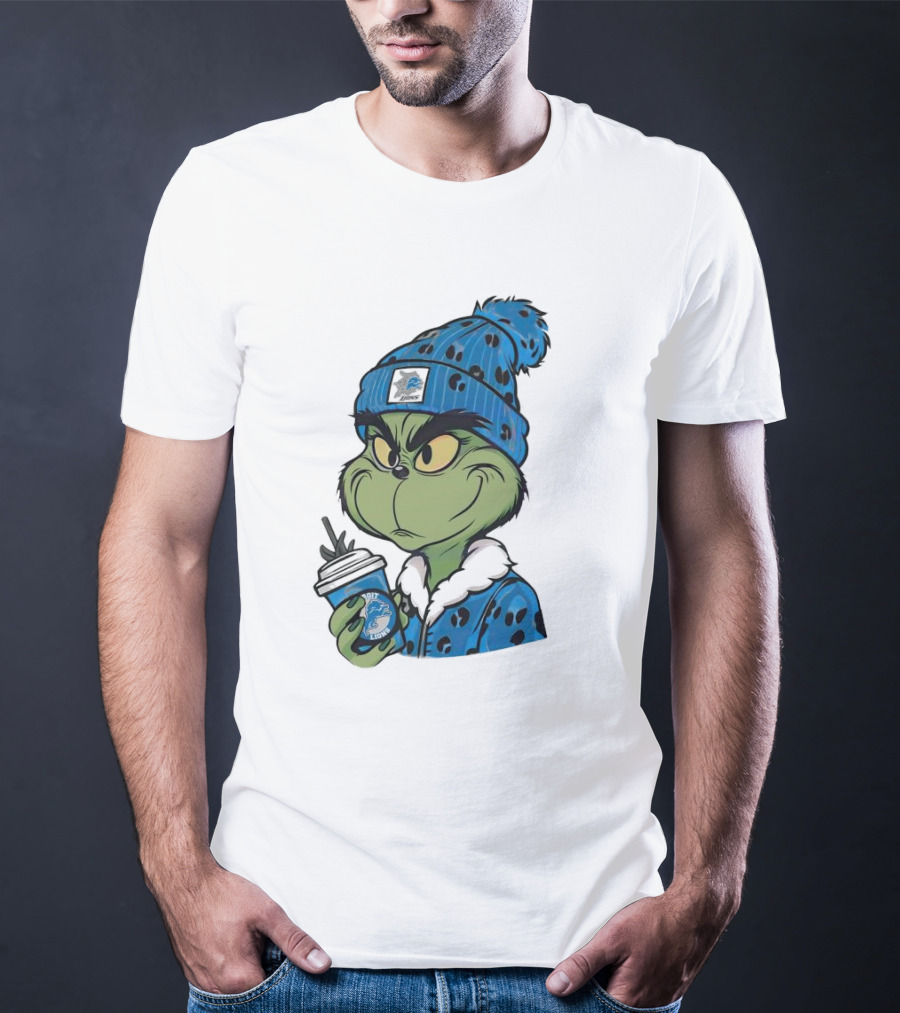 Grinch Wearing Detroit Lions Winter Outfit Holding Drink Christmas T-Shirt