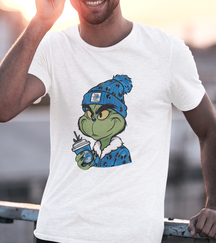 Grinch Wearing Detroit Lions Winter Outfit Holding Drink Christmas T-Shirt