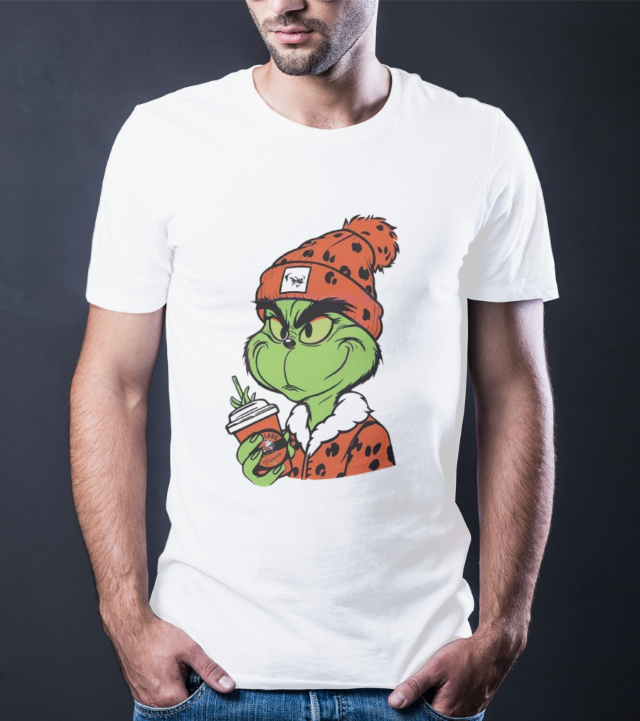 Grinch Wears Orange Beanie Holds Browns Mug Christmas T-Shirt