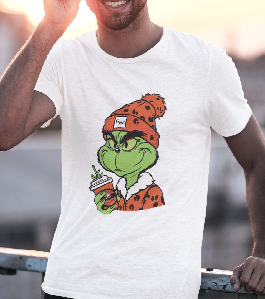 Grinch Wears Orange Beanie Holds Browns Mug Christmas T-Shirt