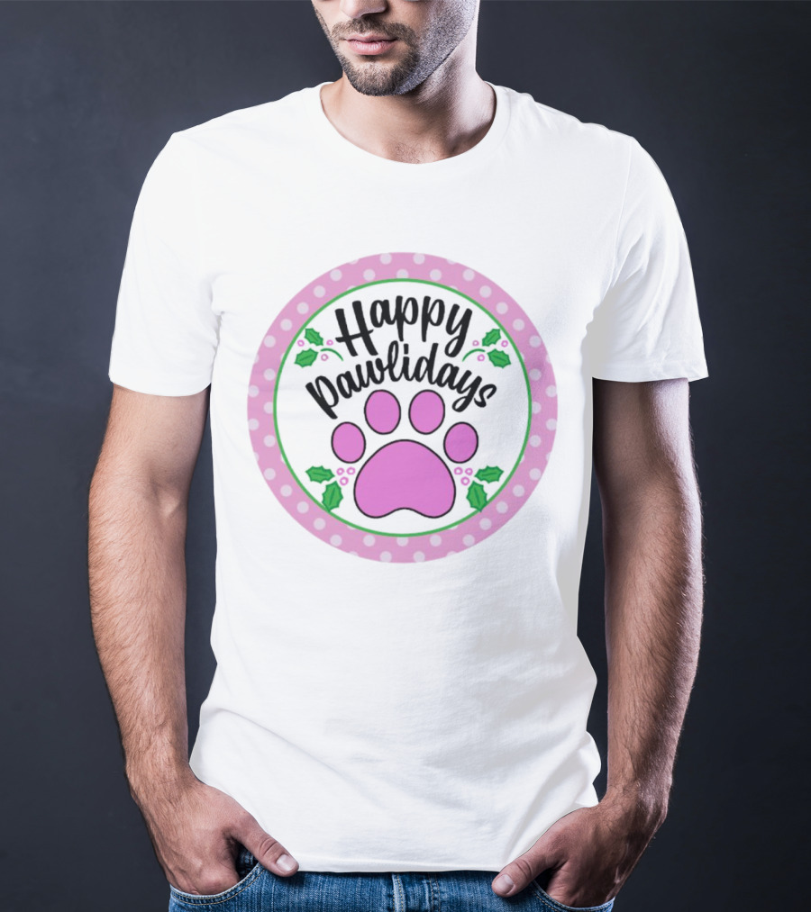 Happy Pawlidays Pink Paw Print With Holly Border Christmas T-Shirt