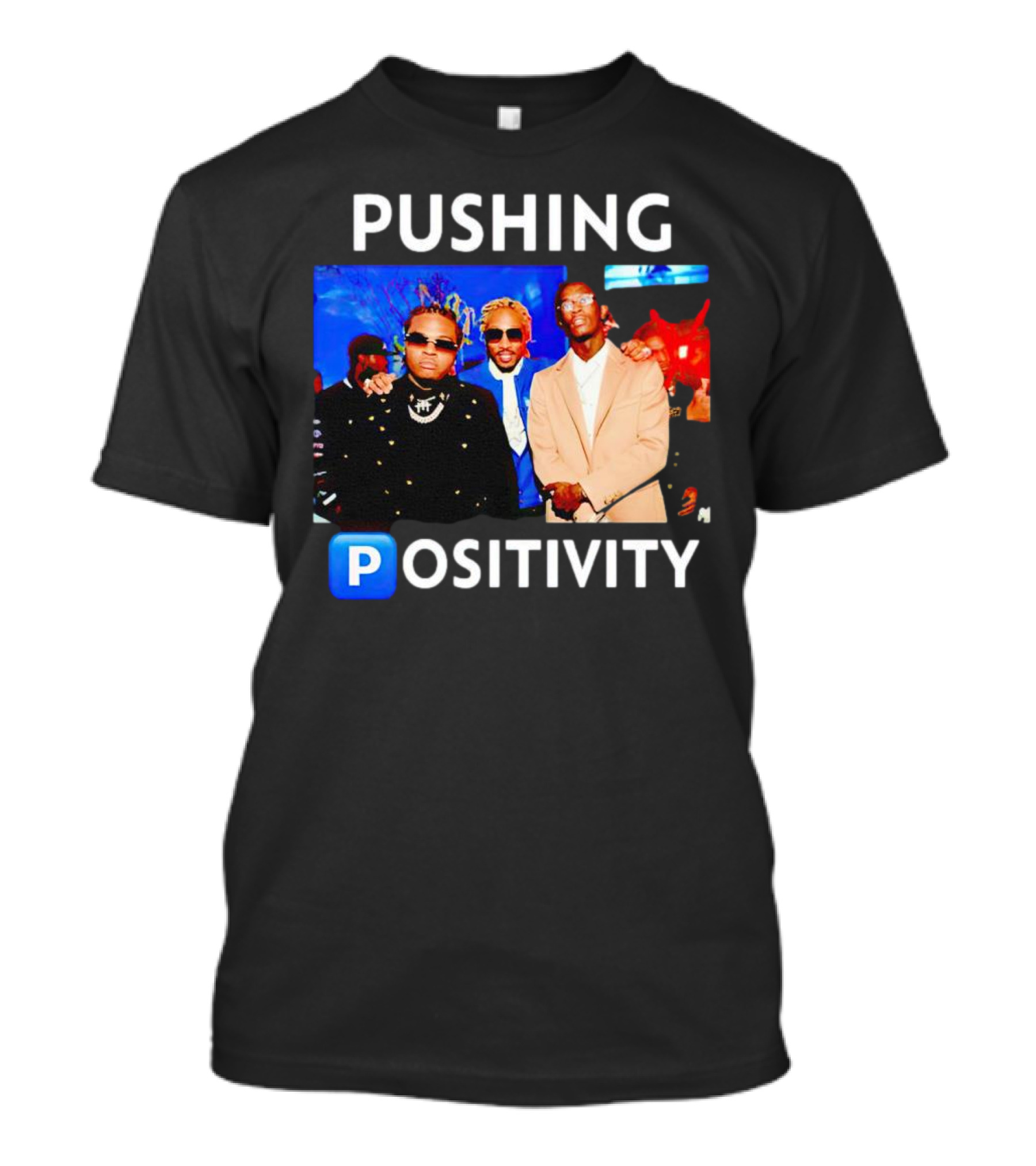 Pushing Positivity Iconic Trio With Blue Background T-Shirt