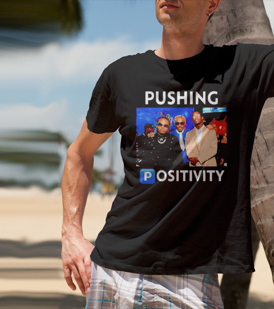 Pushing Positivity Iconic Trio With Blue Background T-Shirt