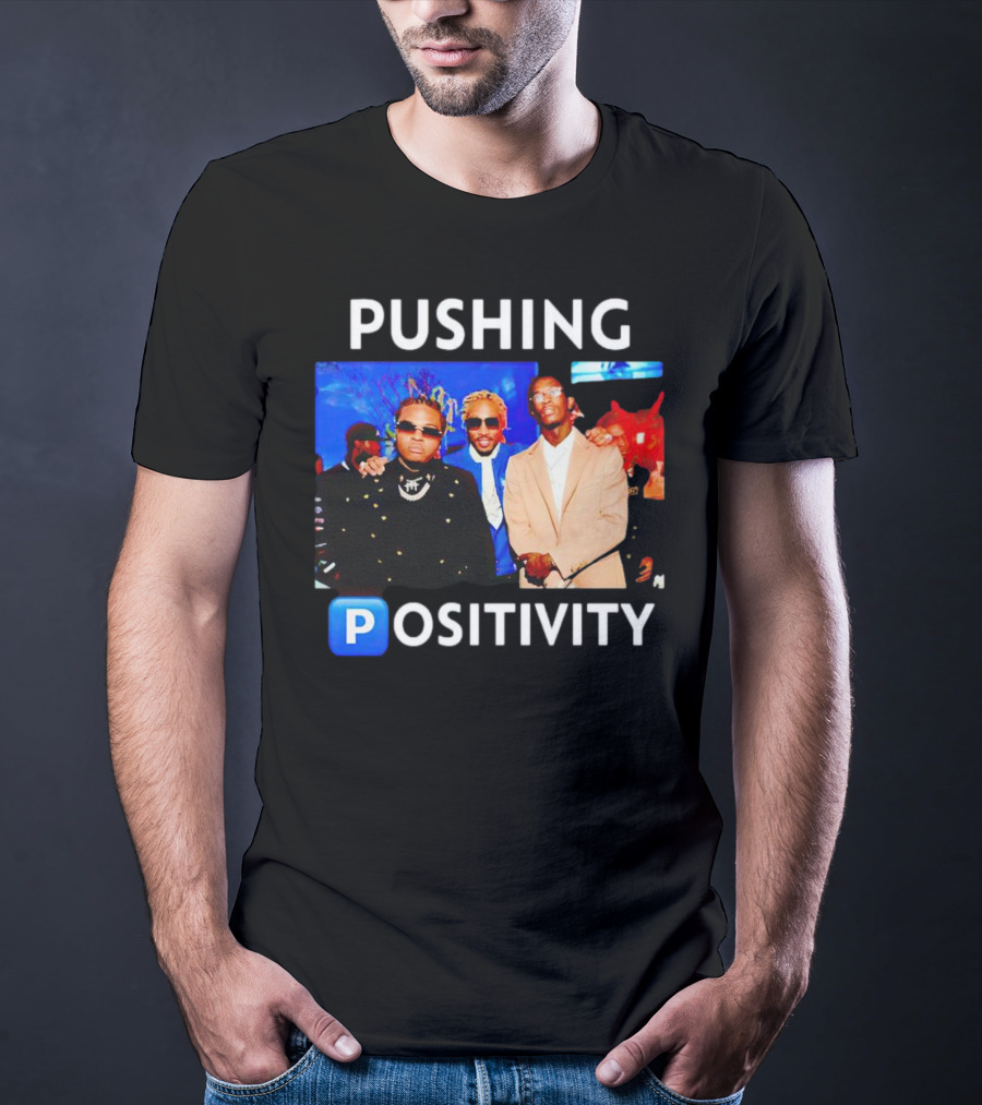 Pushing Positivity Iconic Trio With Blue Background T-Shirt