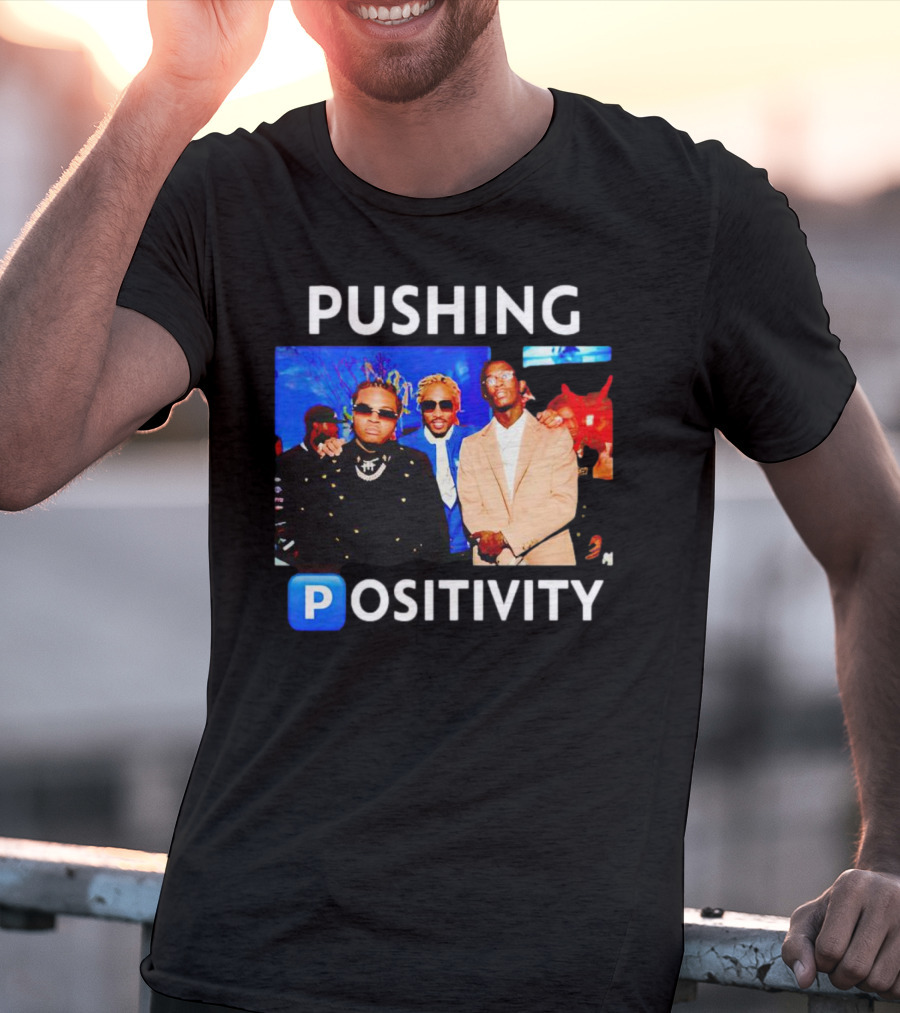 Pushing Positivity Iconic Trio With Blue Background T-Shirt