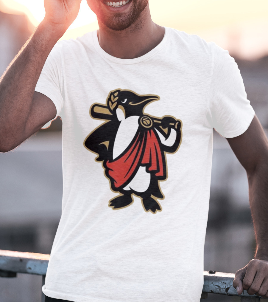 Rome Emperors Penguin In Red Toga With Baseball Bat And Laurel Wreath T-Shirt