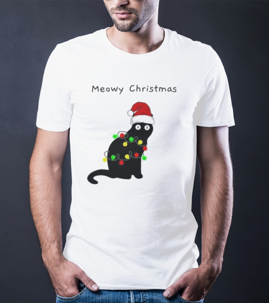 Meowy Christmas Santa Cat With Lights T-Shirt