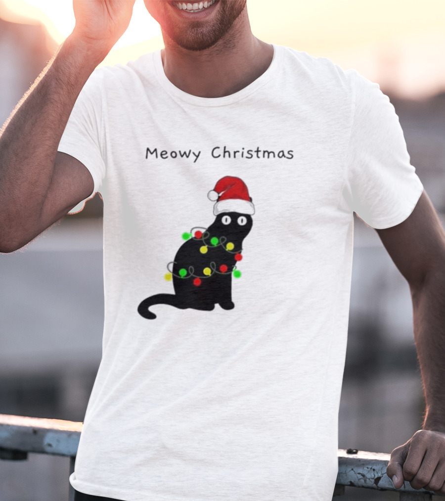 Meowy Christmas Santa Cat With Lights T-Shirt