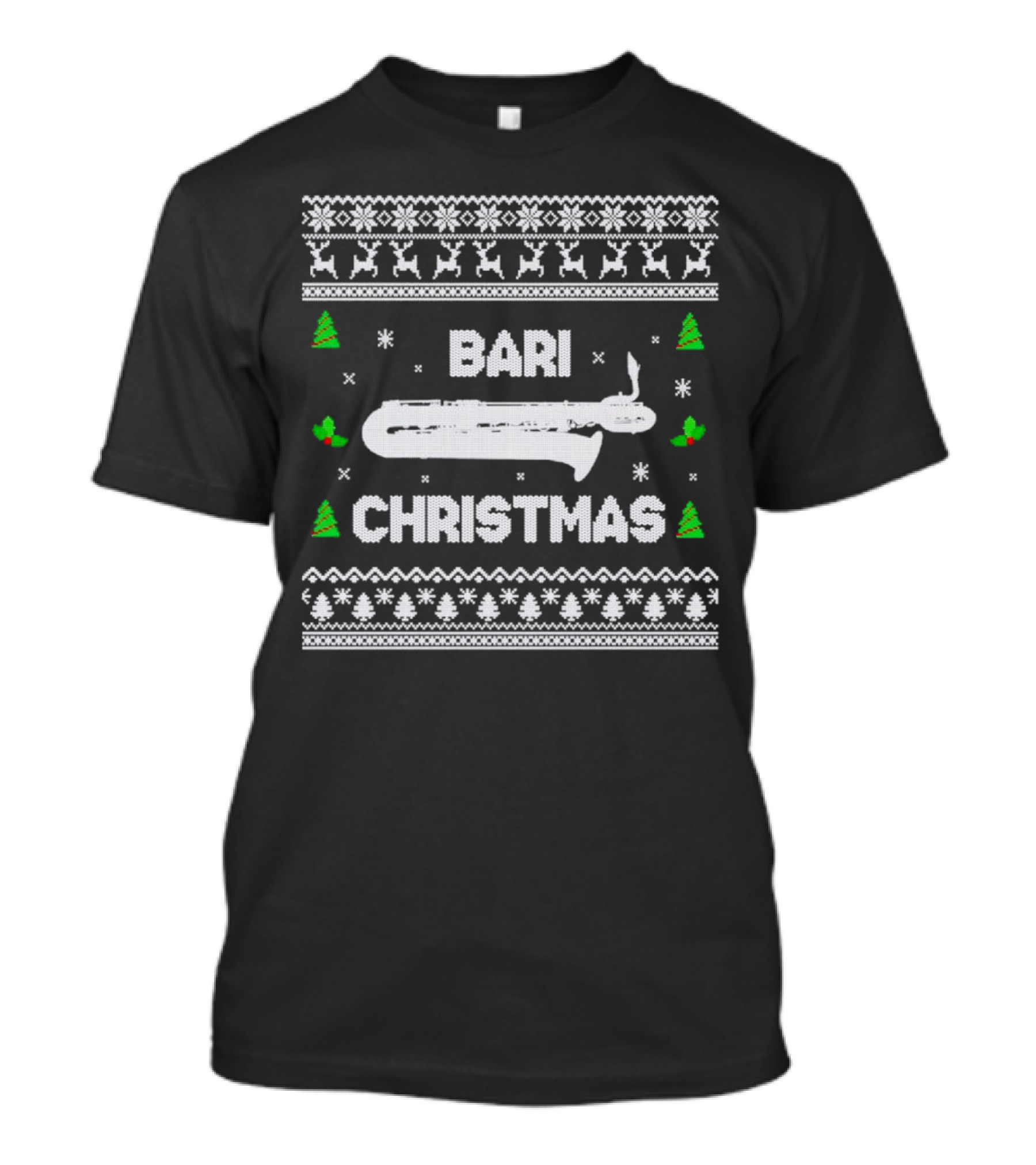 Bari Christmas Saxophone Ugly Sweater Reindeer Trees Snowflakes T-Shirt