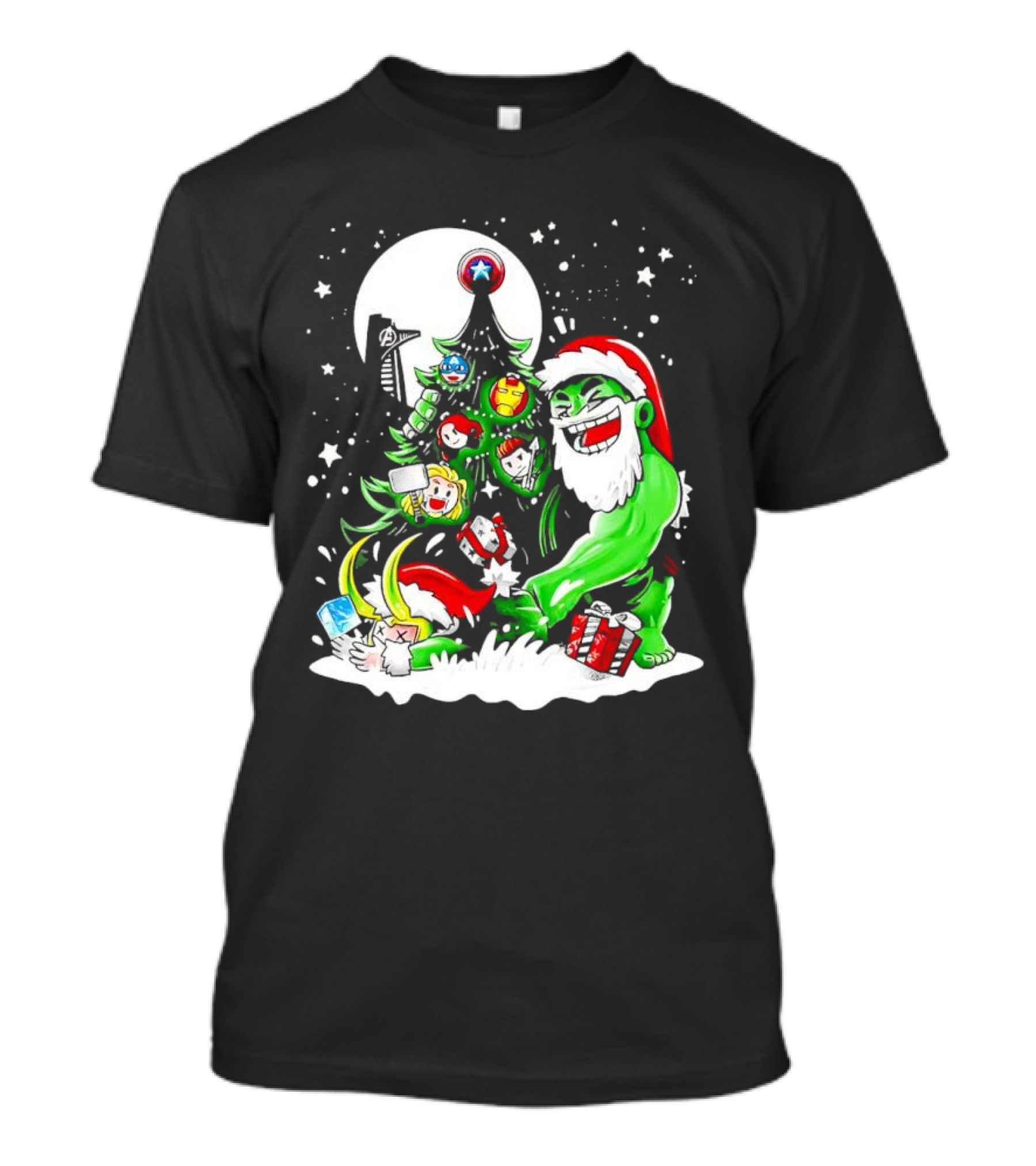 The Avengers Marvel Characters Christmas Tree With Hulk Santa And Superhero Ornaments T-Shirt