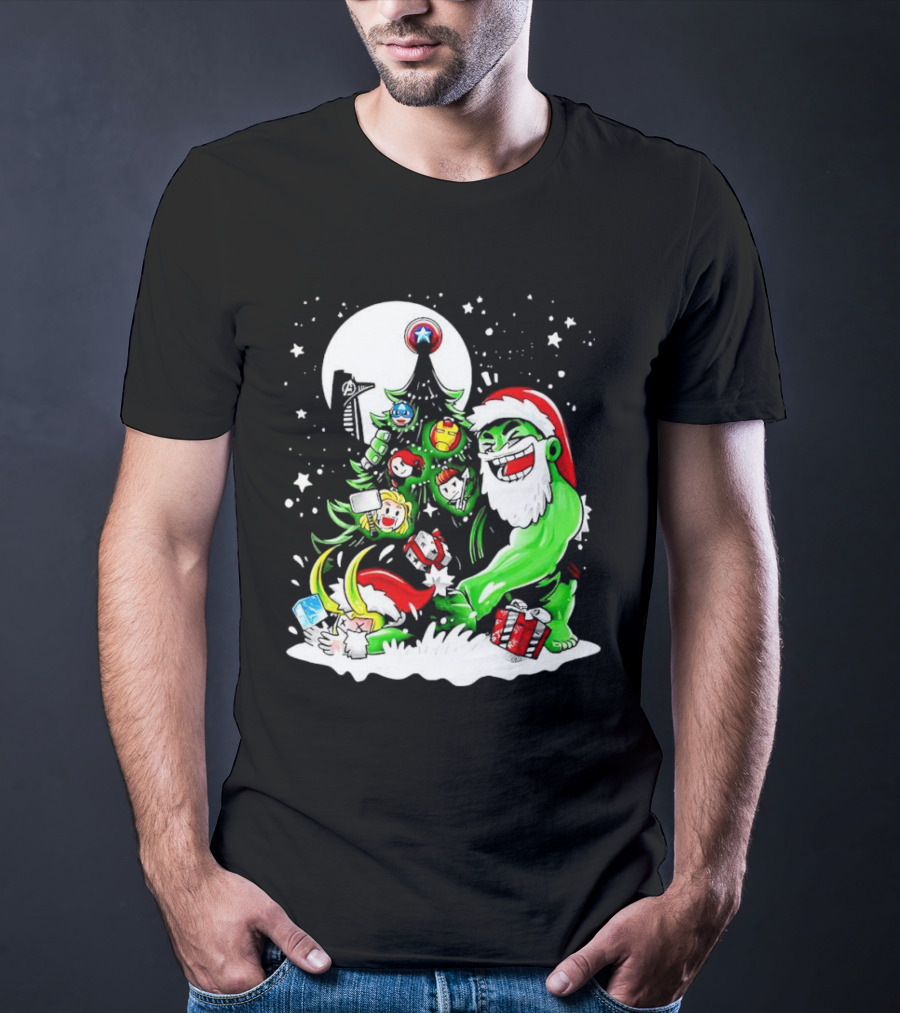 The Avengers Marvel Characters Christmas Tree With Hulk Santa And Superhero Ornaments T-Shirt