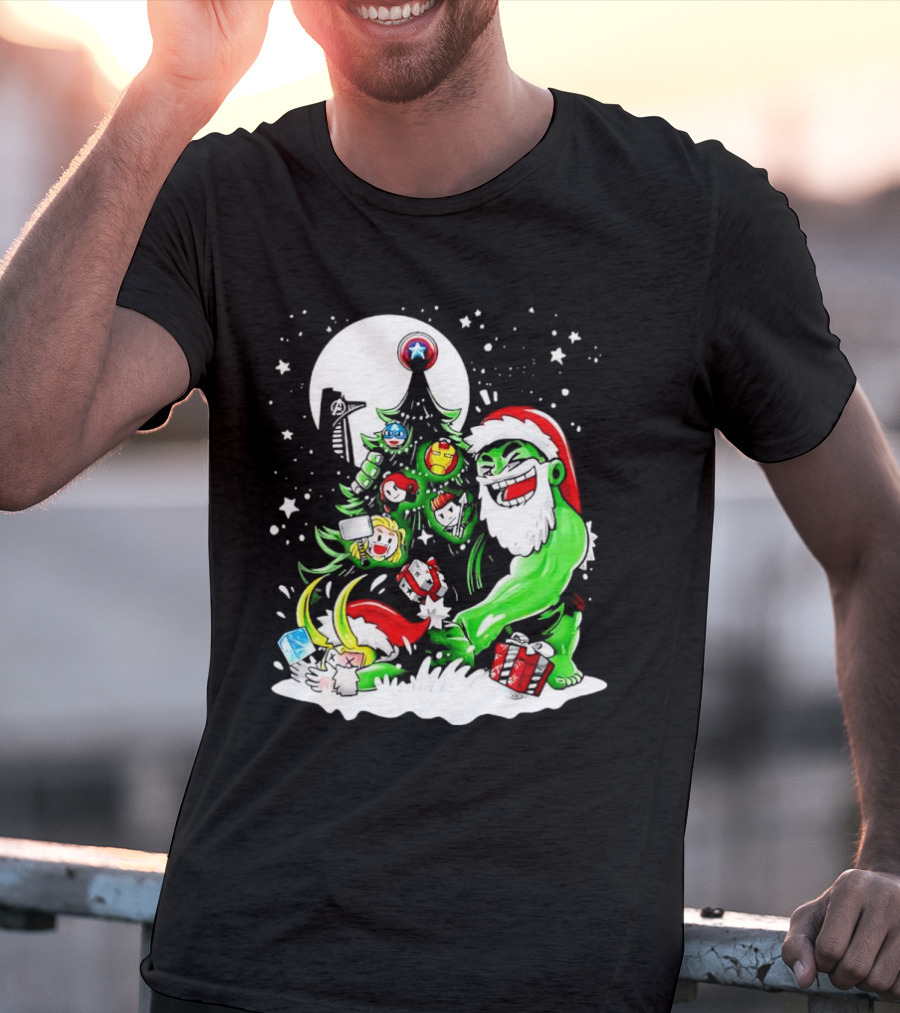 The Avengers Marvel Characters Christmas Tree With Hulk Santa And Superhero Ornaments T-Shirt