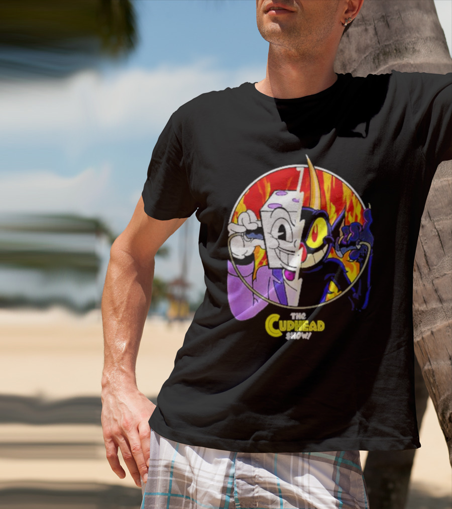 The Cuphead Show King Dice Devil Iconic Faces Fiery Background T-Shirt