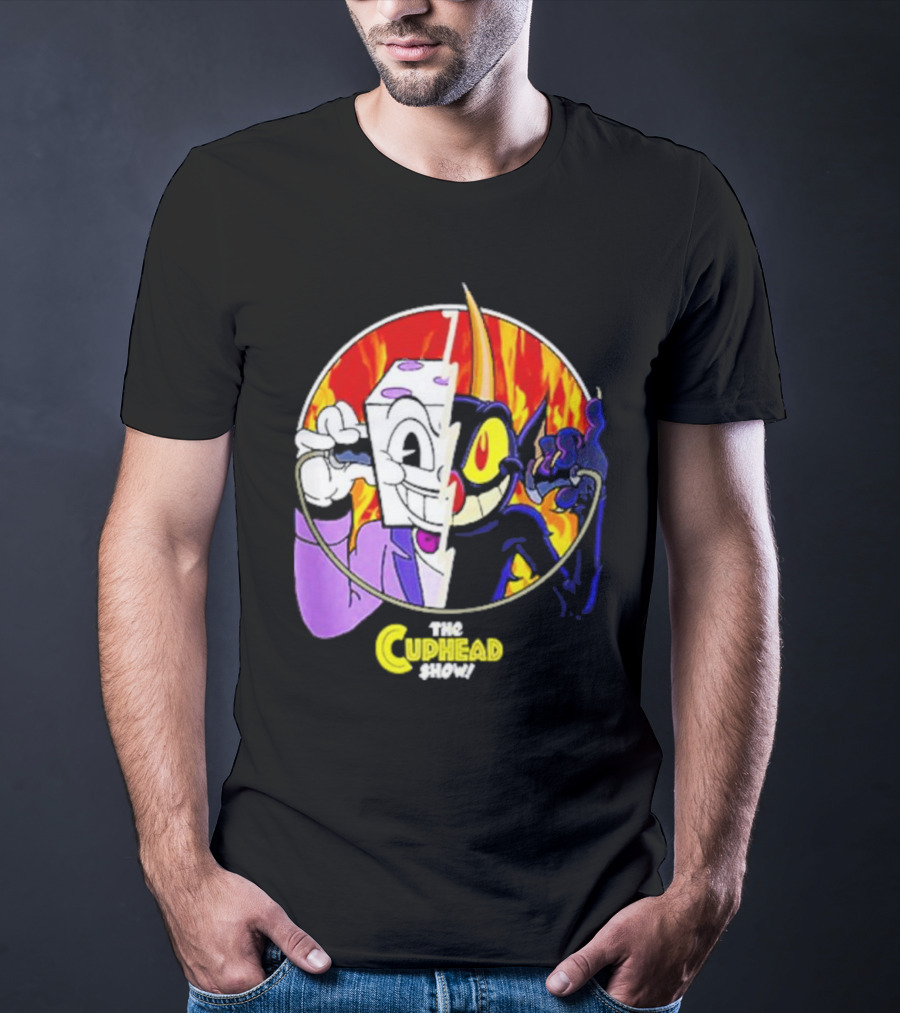 The Cuphead Show King Dice Devil Iconic Faces Fiery Background T-Shirt