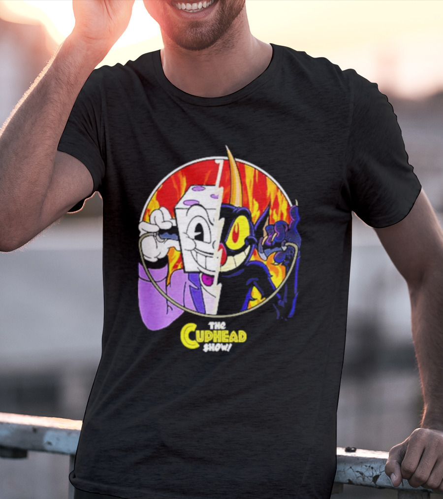 The Cuphead Show King Dice Devil Iconic Faces Fiery Background T-Shirt