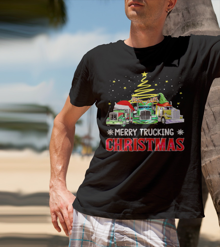 Merry Trucking Christmas With Festive Decorated Trucks And Starry Tree T-Shirt