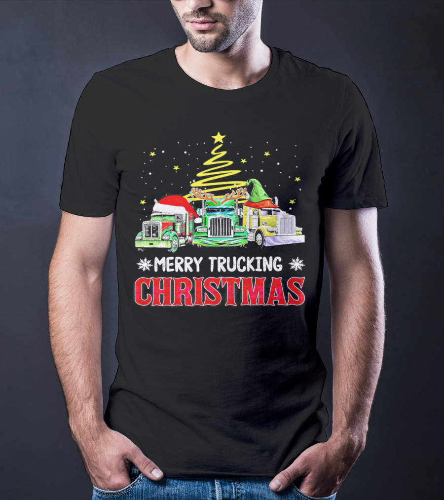 Merry Trucking Christmas With Festive Decorated Trucks And Starry Tree T-Shirt