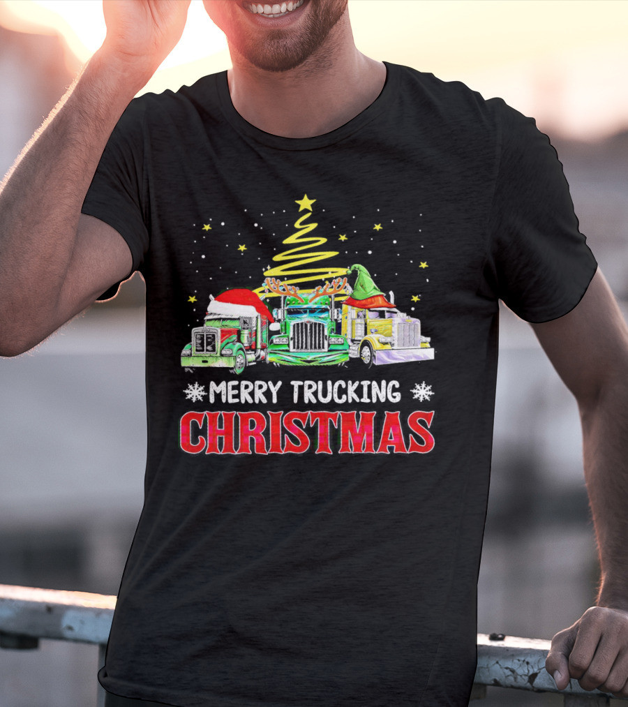 Merry Trucking Christmas With Festive Decorated Trucks And Starry Tree T-Shirt