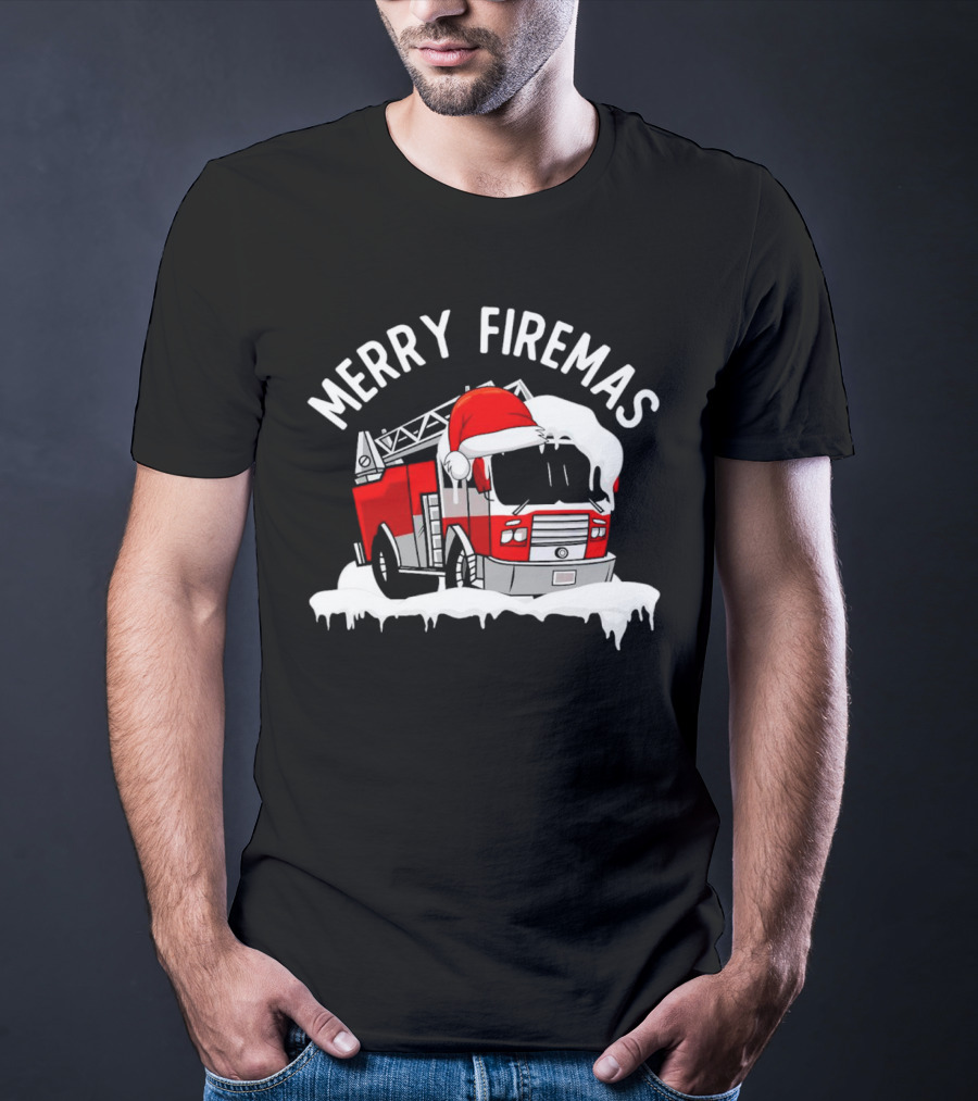 Merry Firemas Fire Truck Santa Hat Christmas T-Shirt
