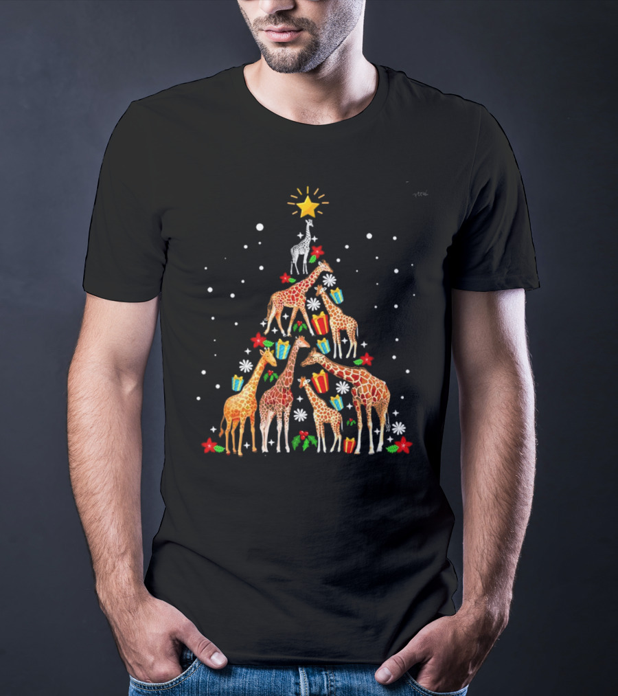 Giraffe Christmas Tree Star Presents Snowflakes T-Shirt