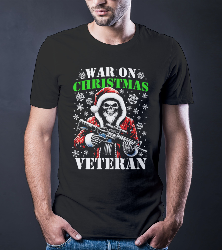 War On Christmas Veteran Skeleton Santa With Rifle Snowflakes T-Shirt