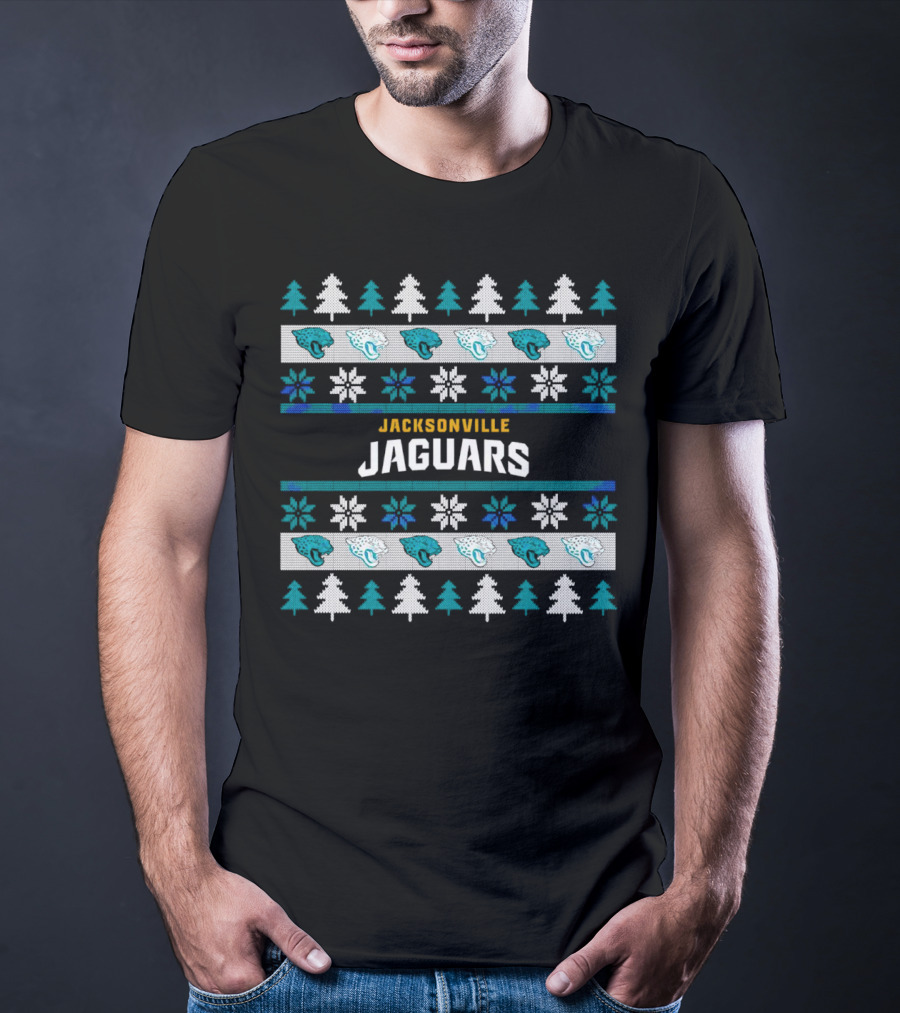 Jacksonville Jaguars Ugly Christmas Sweater Football Holiday Trees Snowflakes​​ T-Shirt
