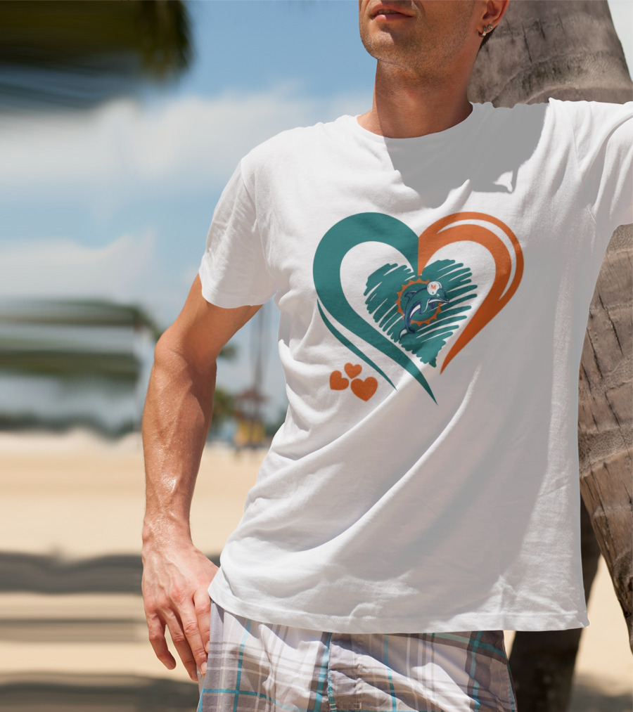 Miami Dolphins Heart Shape Emblem With Three Small Hearts T-Shirt